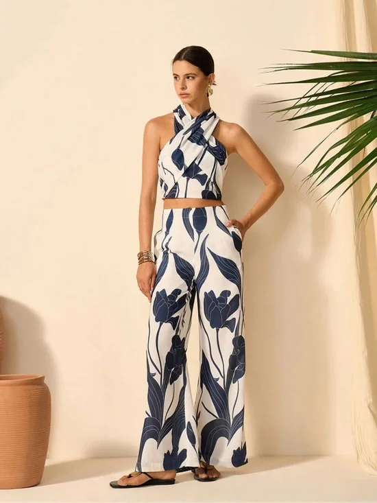 Commense Floral Print Halter Top With Pants Set Size Medium NWT - Picture 3 of 6